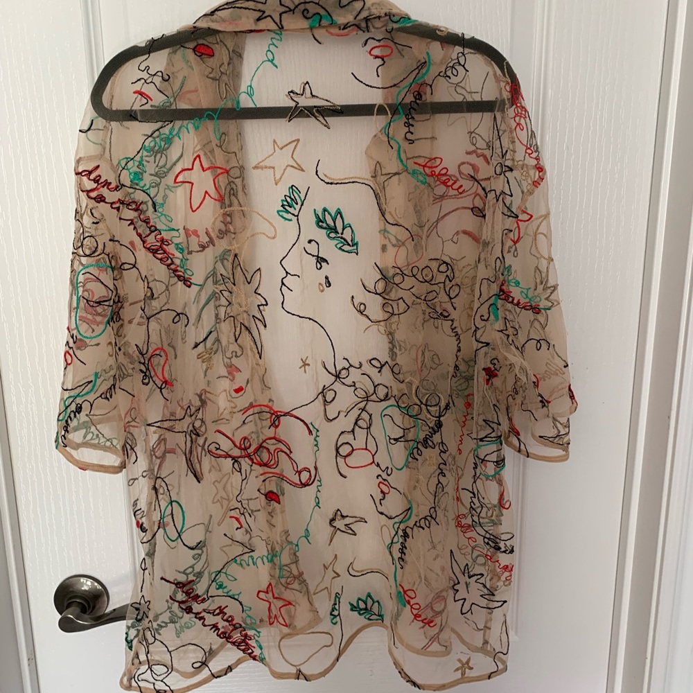 Aritzia Unisex Babaton Sheer Mesh Embroidered Button Down Top